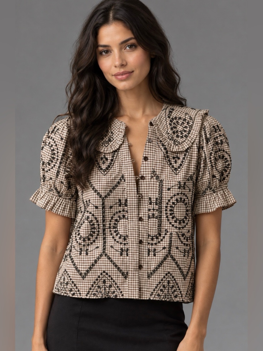 Pilcro Keira Gingham Embroidered Ruffle Blouse Brown S